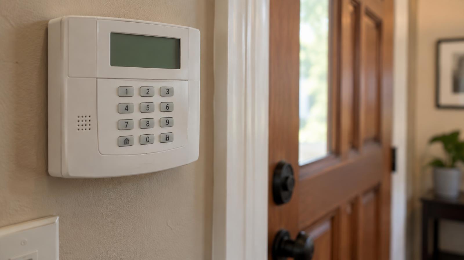 A residential security alarm keypad mounted on a wall beside a front door.