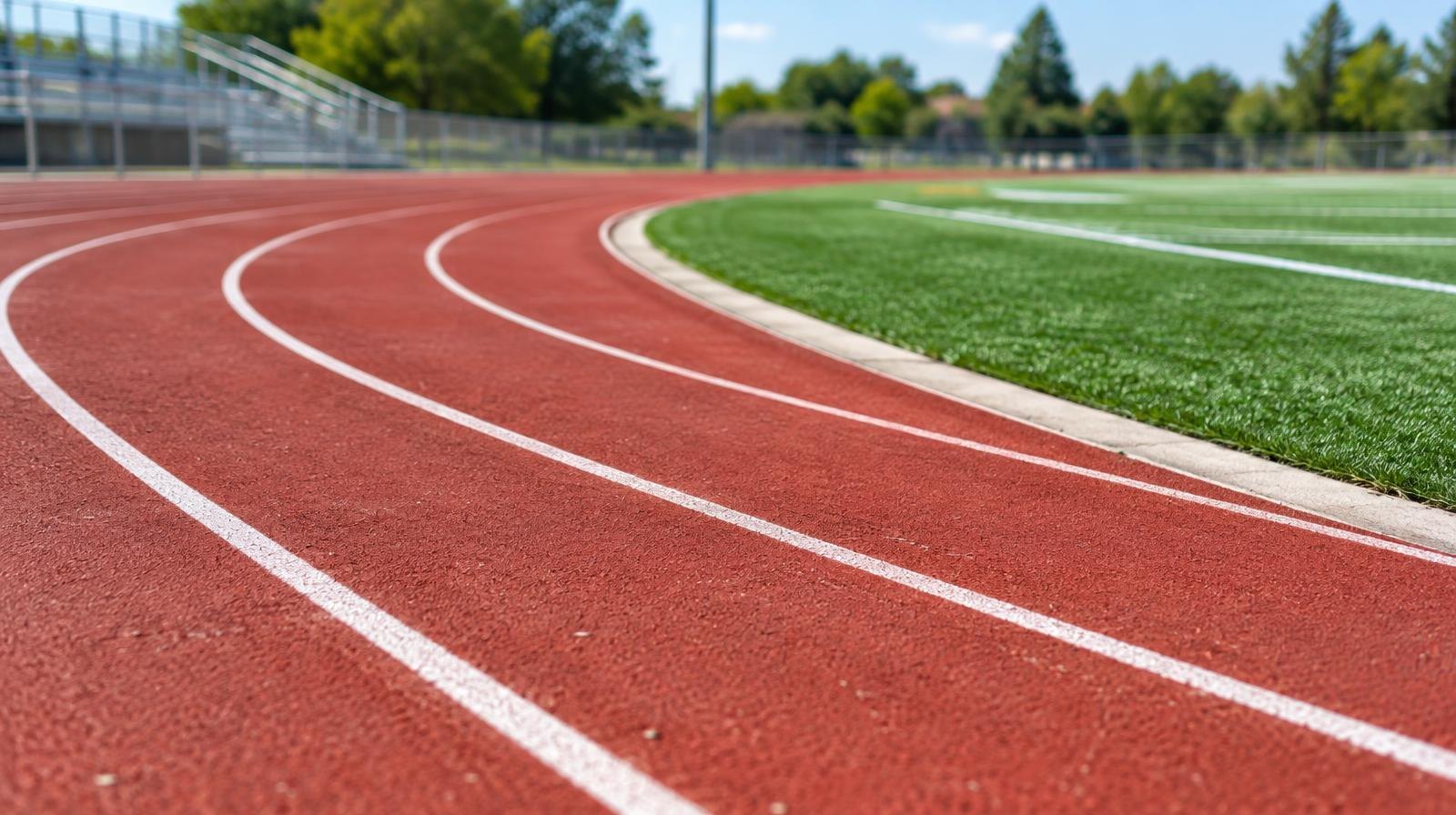 Close-up of a red running track curving alongside a green artificial turf field.