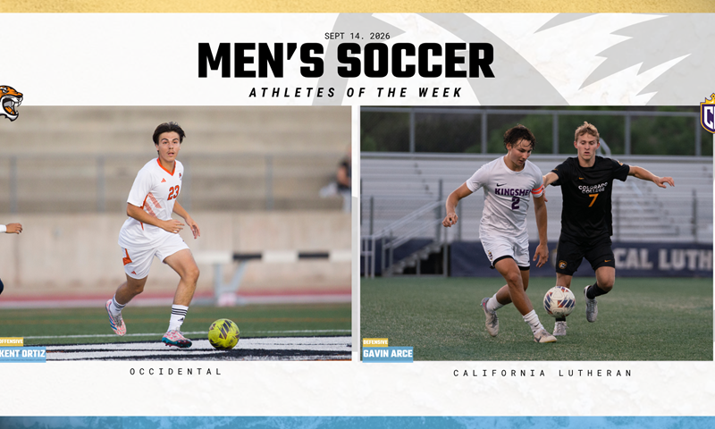 Promotional graphic showing two college soccer players named SCIAC Men's Soccer Athletes of the Week.