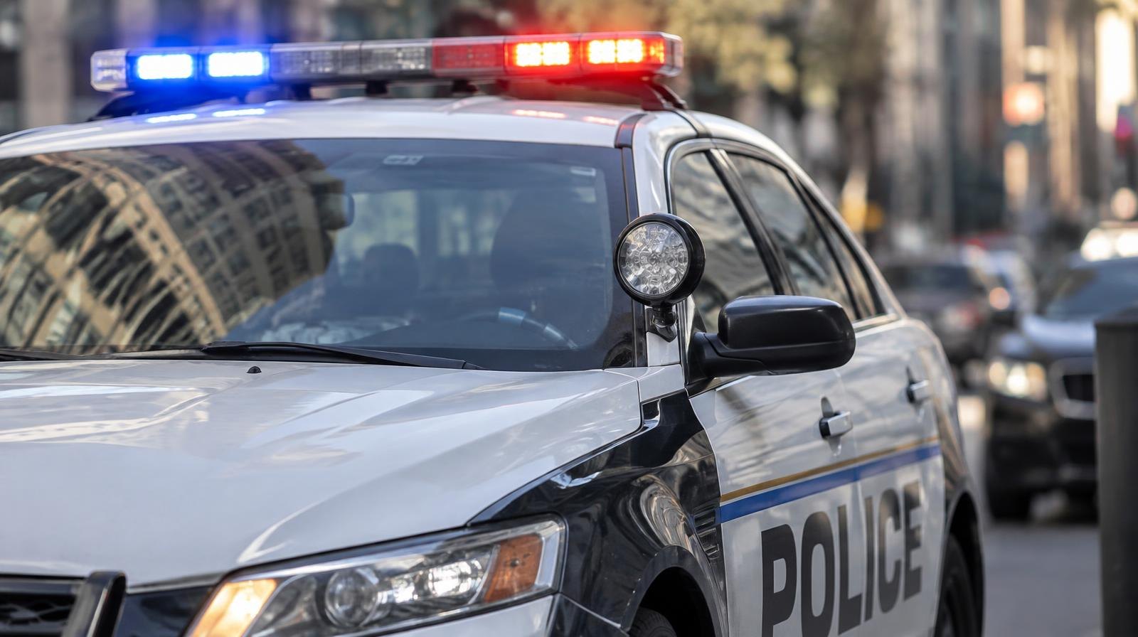 Police patrol car with emergency lights parked on a city street.