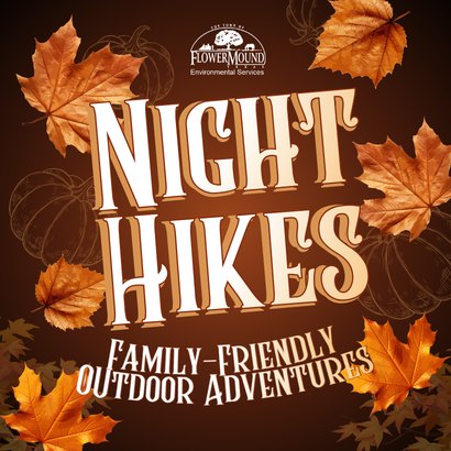 Promotional flyer for Night Hikes family-friendly outdoor adventures with autumn leaf and pumpkin design.