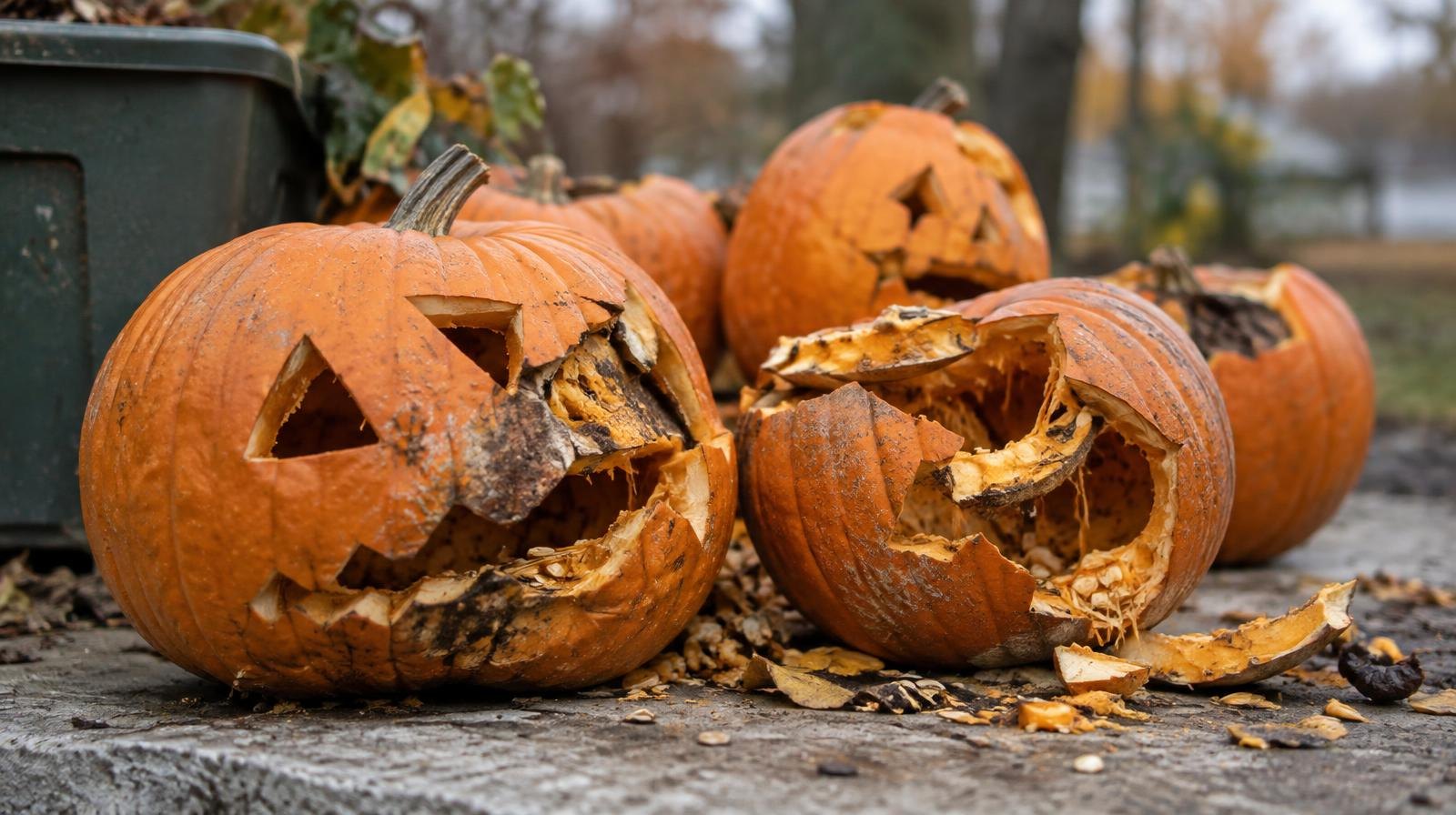 Several smashed and broken carved pumpkins piled on a concrete surface outdoors.