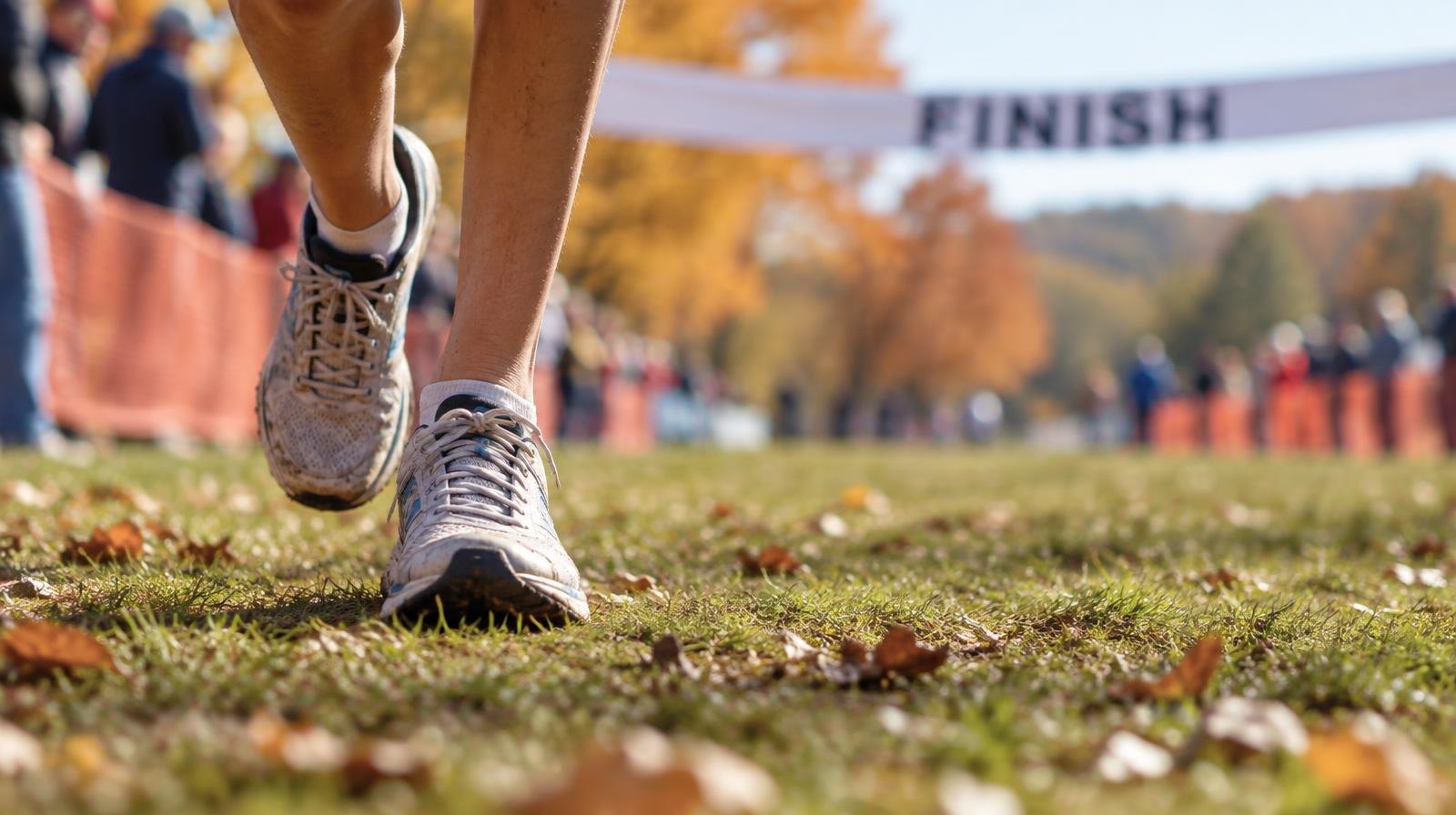 A pair of running shoes on a grassy field with a finish-line tape in the background.