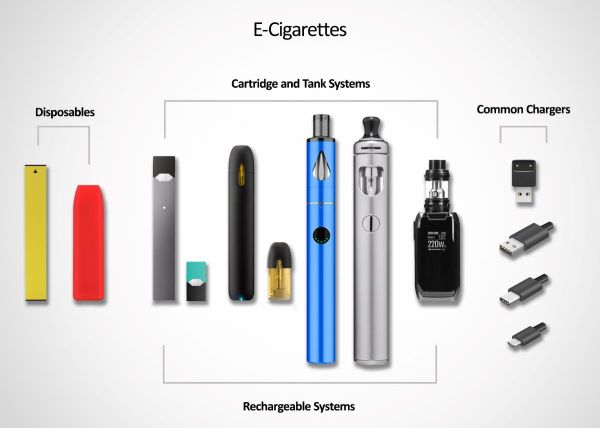 Labeled diagram showing disposable and rechargeable e-cigarette devices and charger types.