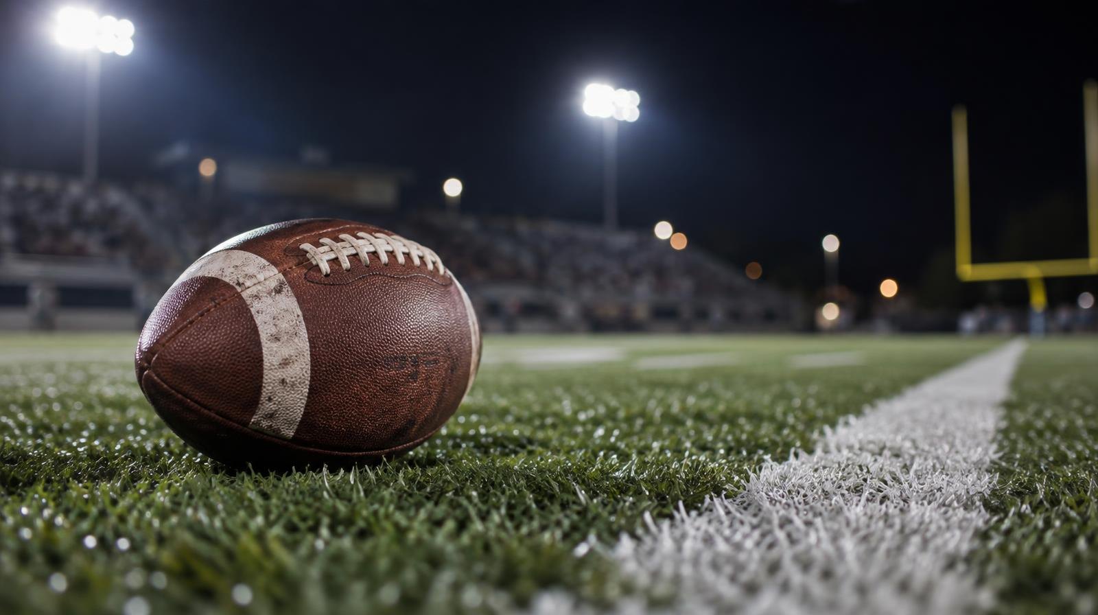 An American football on green turf beside a white yard line under stadium lights.
