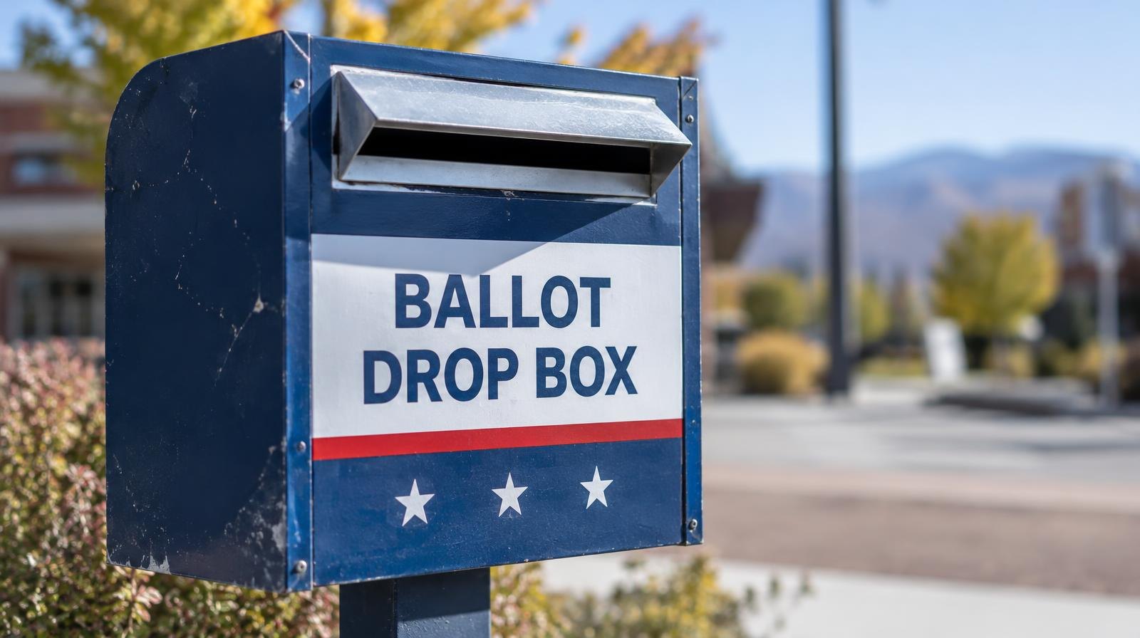 A ballot drop box mounted on a post outdoors with a slot for inserting ballots.