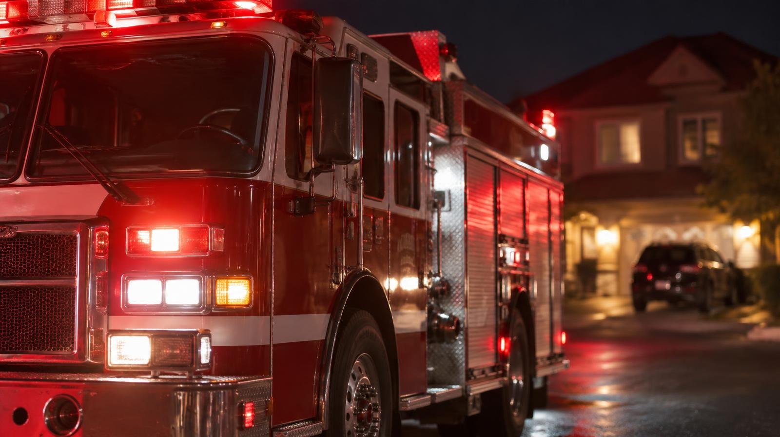 Red fire engine with flashing emergency lights parked on a suburban street at night.