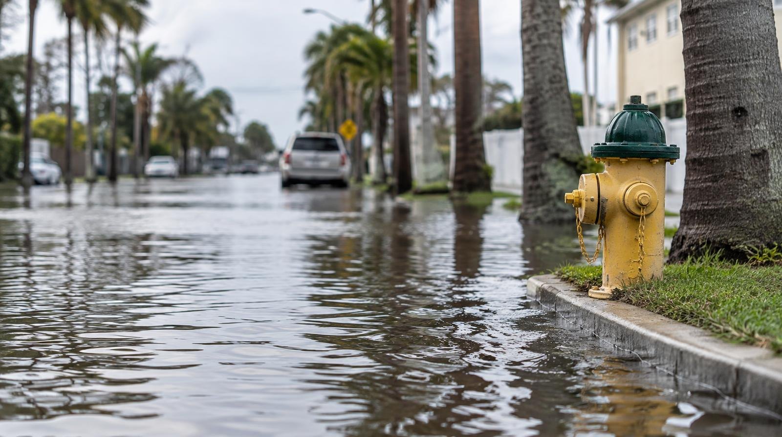 Flooded street with water covering the road, palm trees lining the sidewalk.
