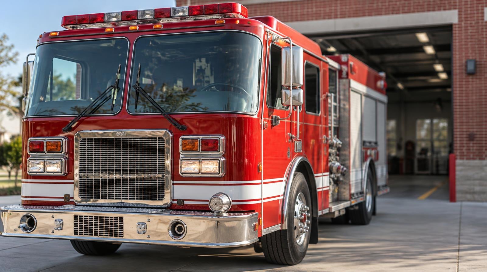 Red fire engine parked in front of a fire station bay door.