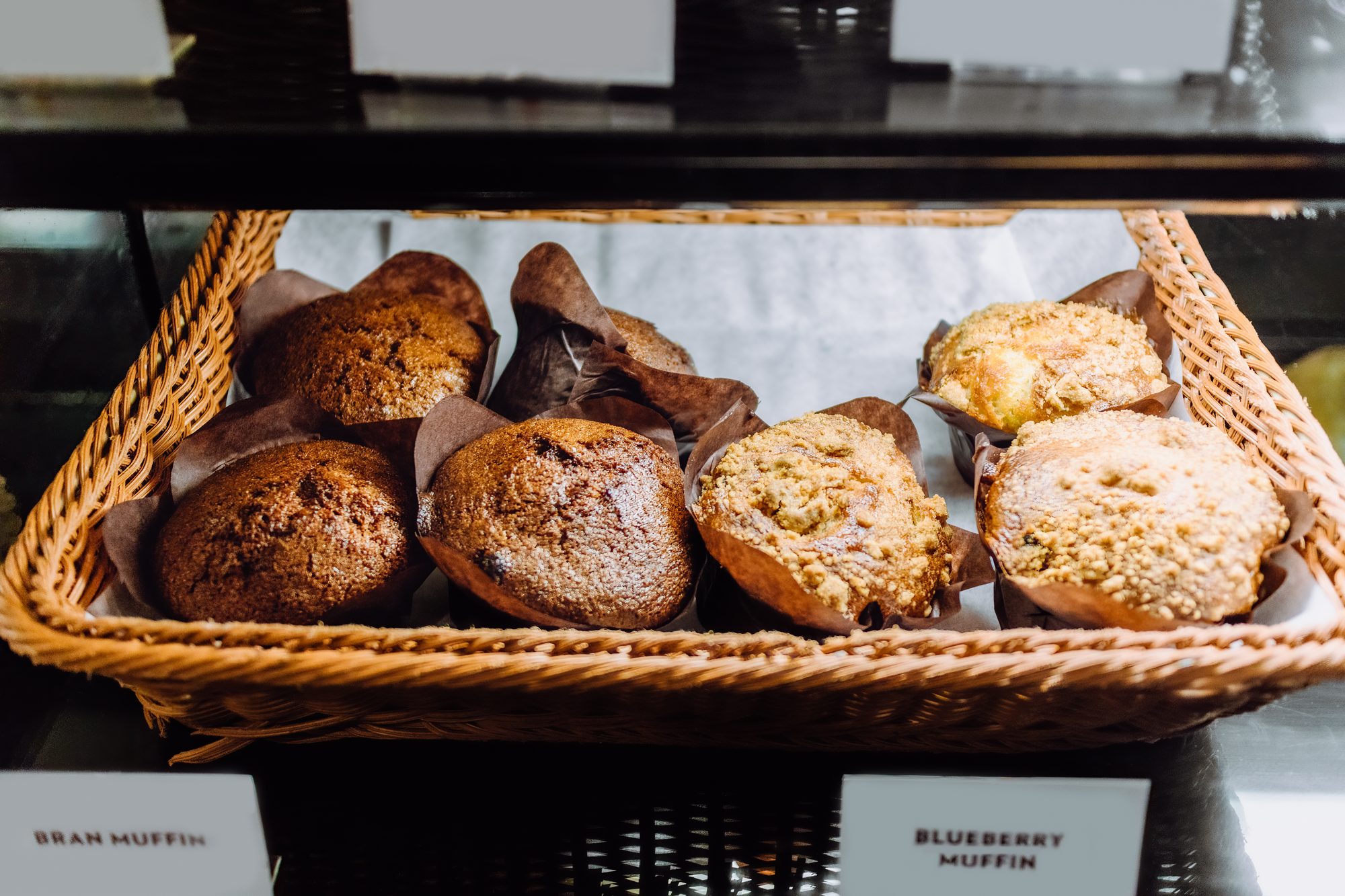 Bran and Blueberry Muffins on Display at Cafe