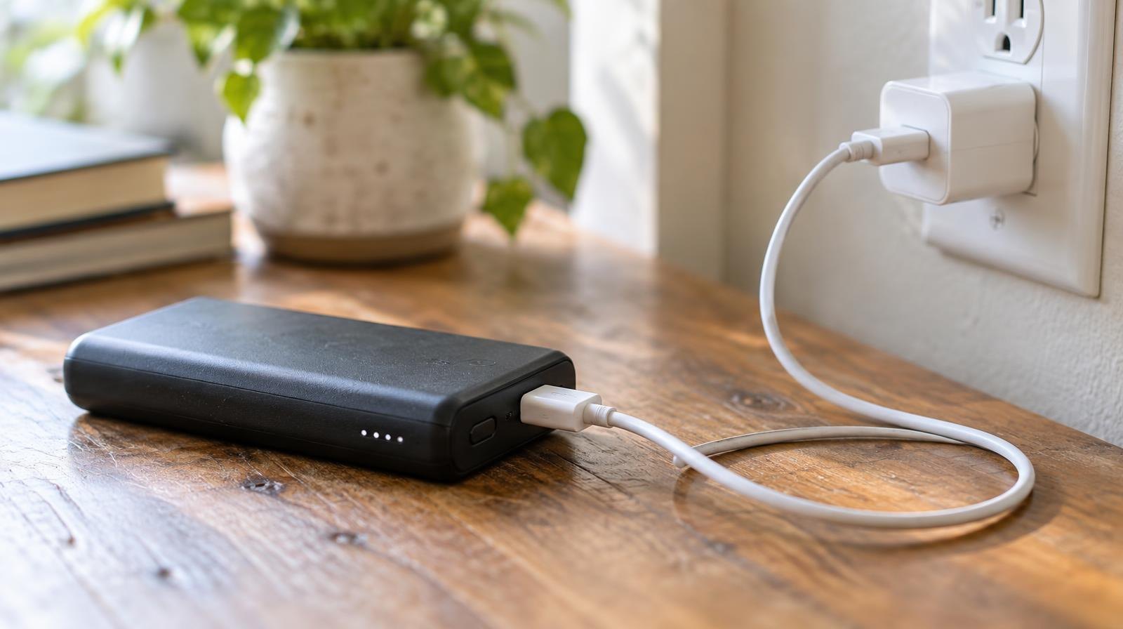 A battery pack and charging cable plugged into a power adapter on a wooden surface.