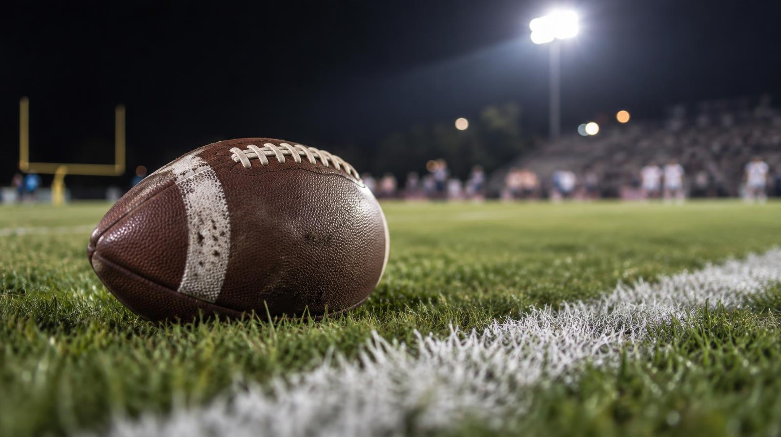 An American football resting on green grass beside a white yard line under bright stadium lights.