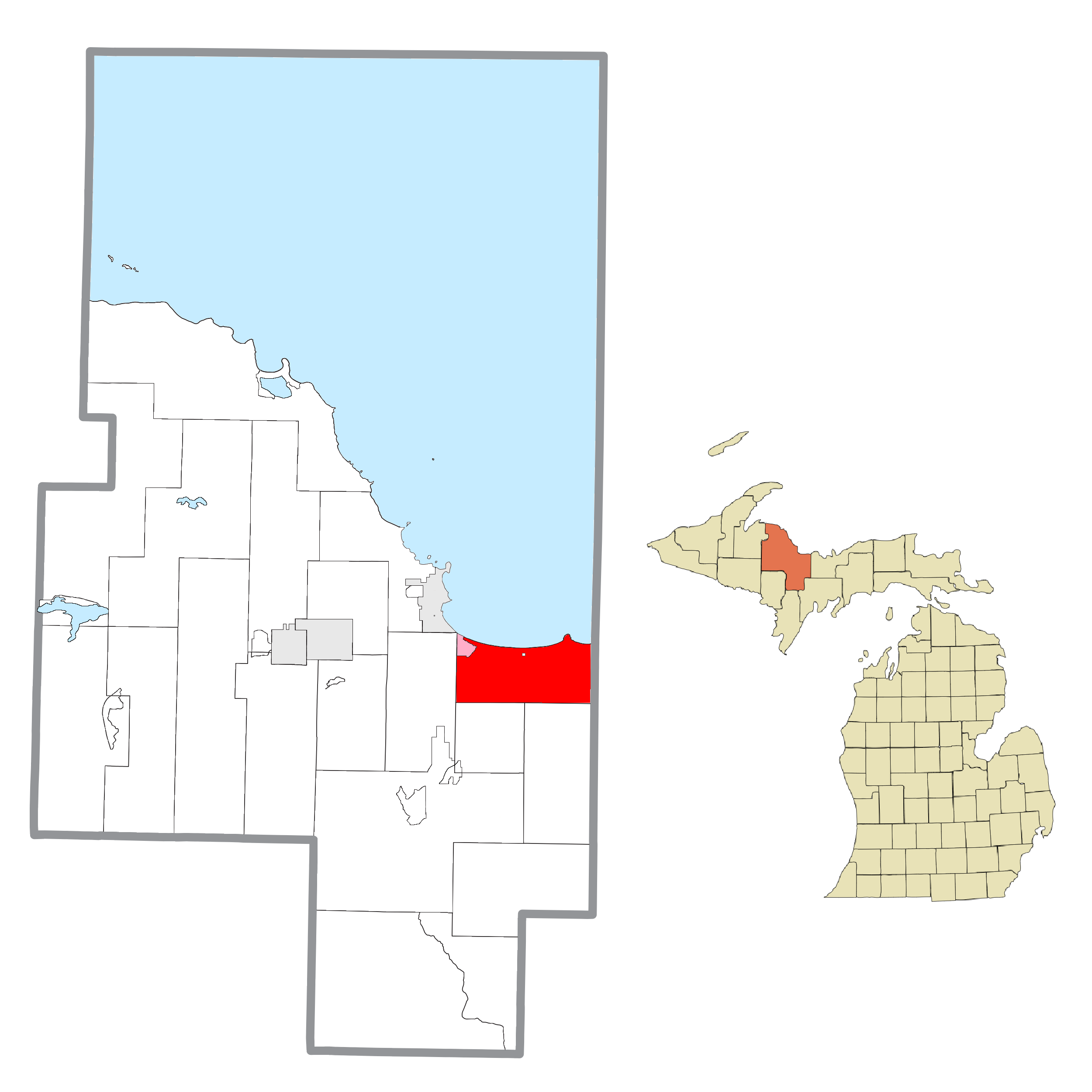 Map showing Chocolay Township highlighted in red within Marquette County, Michigan.