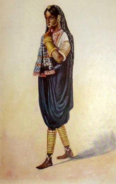 Watercolor painting of a woman in traditional dress with gold bangles and a dark draped garment.