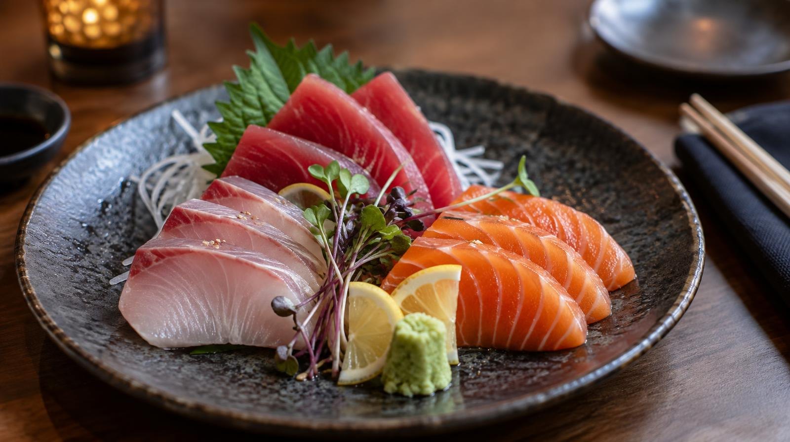 Slices of raw fish fanned on a dark plate with green garnishes.