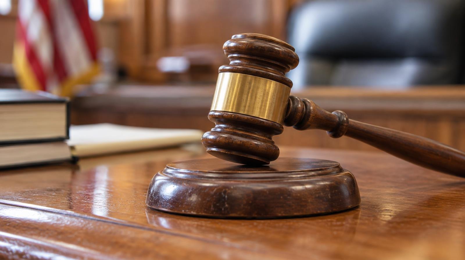 Wooden gavel resting on its sound block on a bench