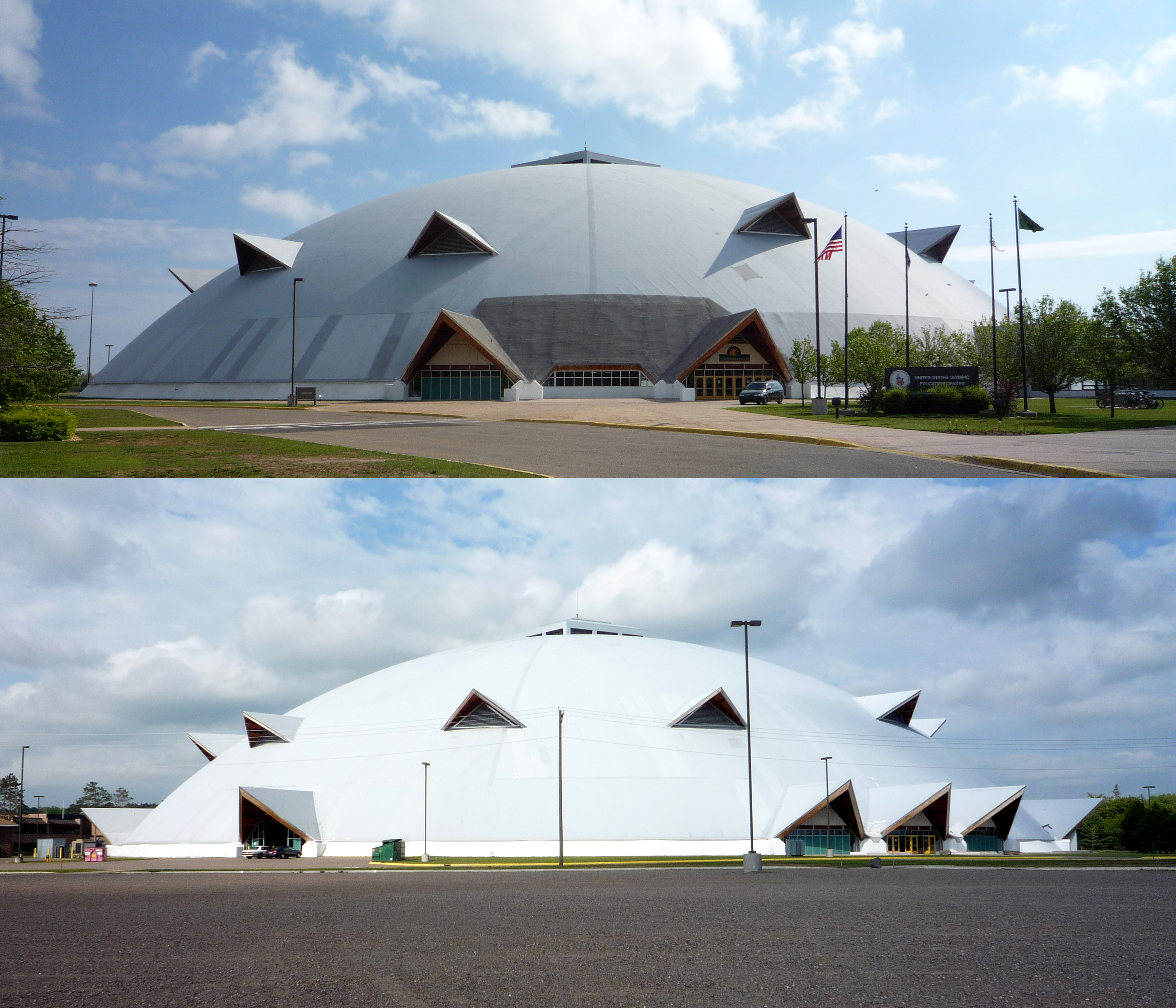 Exterior of a large white domed building with triangular dormer windows and flagpoles.