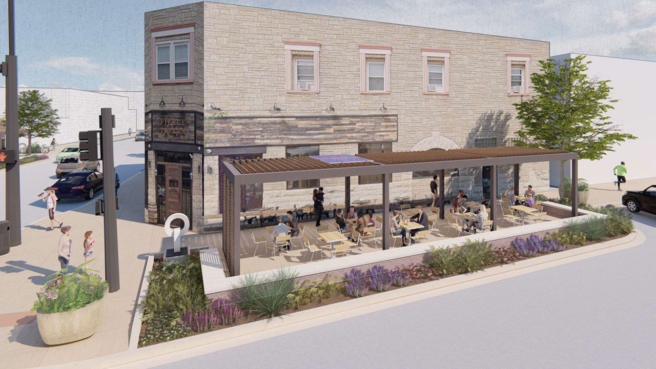 Architectural rendering of a shaded outdoor seating area at a downtown street corner.