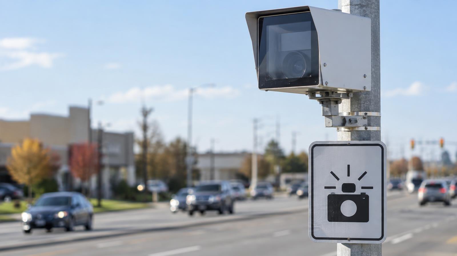 An automated enforcement camera mounted on a metal pole beside a multi-lane road with a warning sign below it.