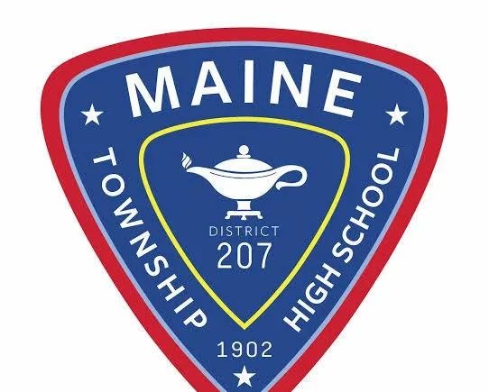 Shield-shaped logo for Maine Township High School District 207 with a lamp of knowledge graphic.