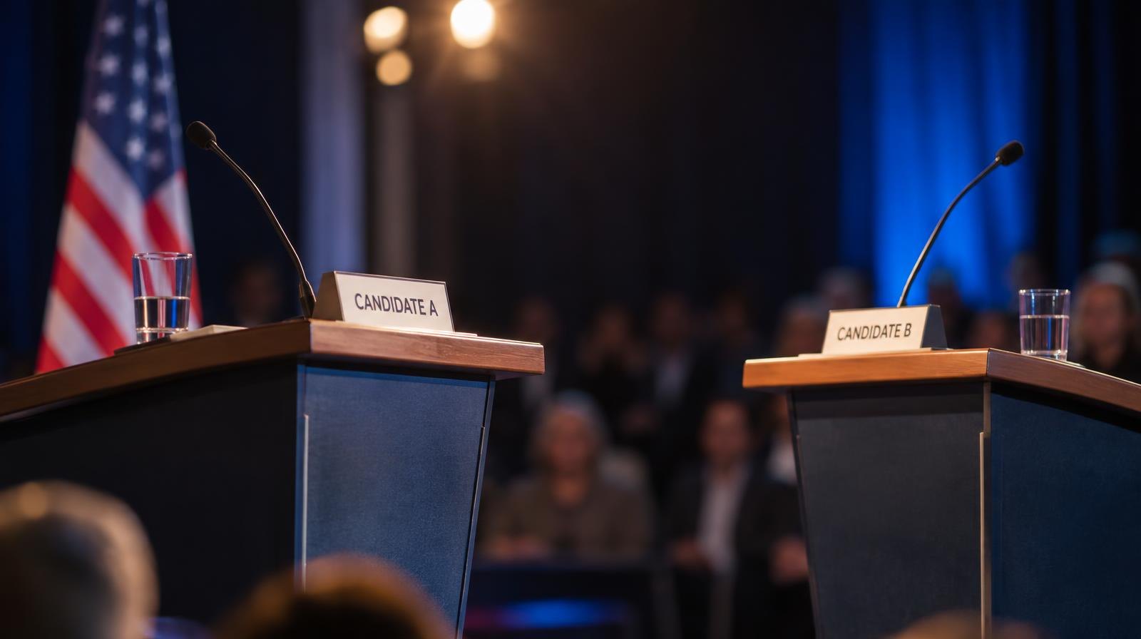Two podiums with microphones face each other on a lit debate stage.
