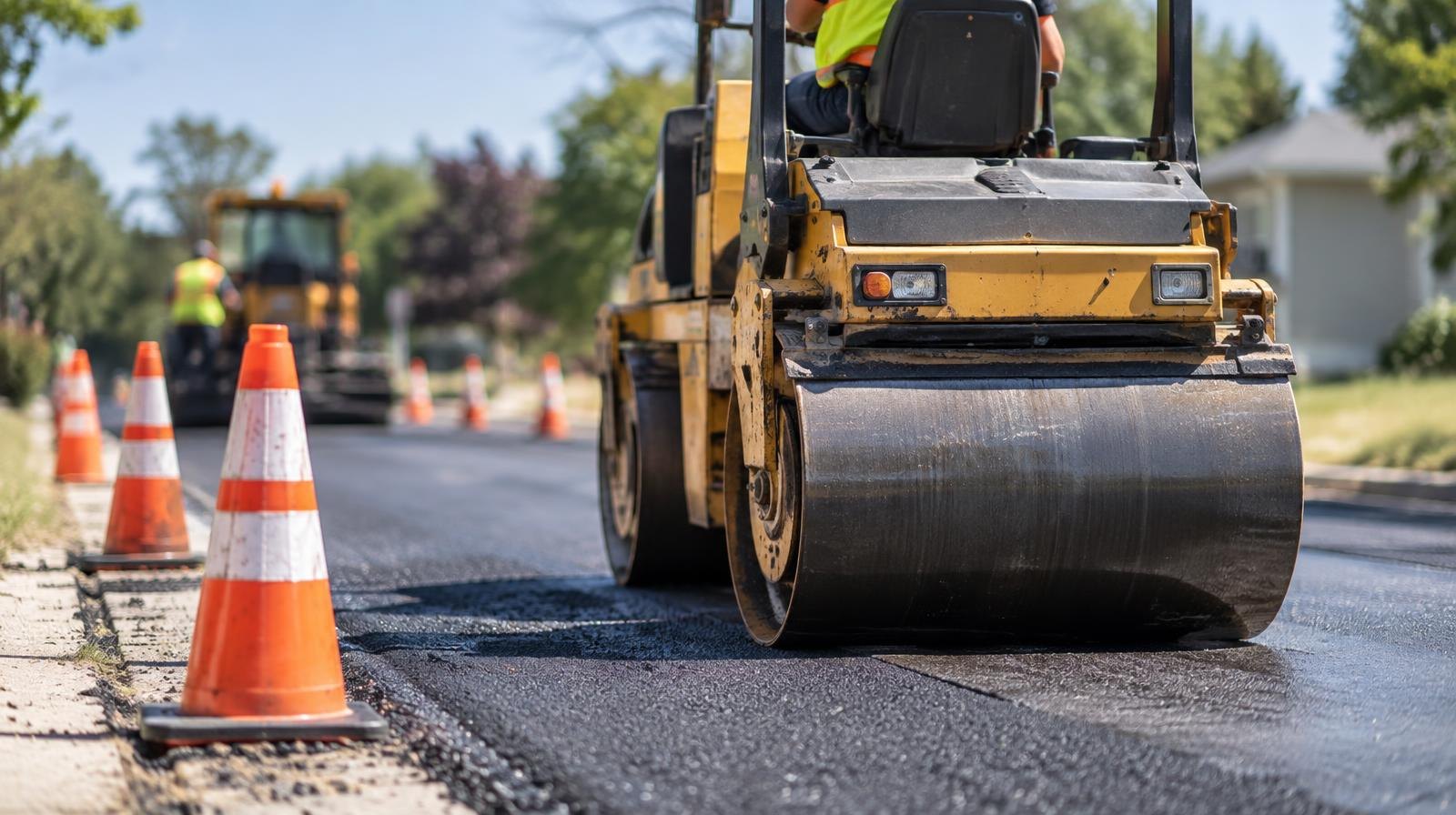 Road roller paving fresh asphalt on a suburban street lined with orange traffic cones.