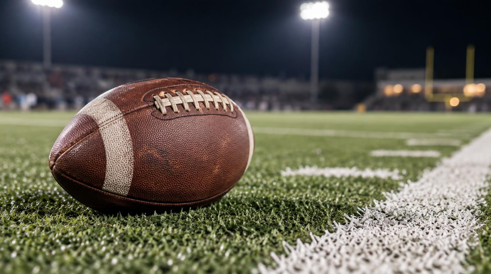 An American football sitting on green artificial turf beside a white yard line.