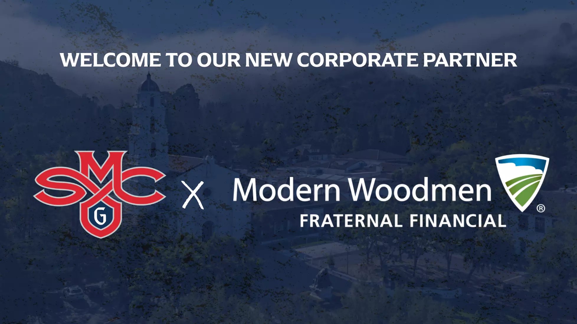 Promotional graphic showing two institutional logos joined by an X symbol on a faded campus background.