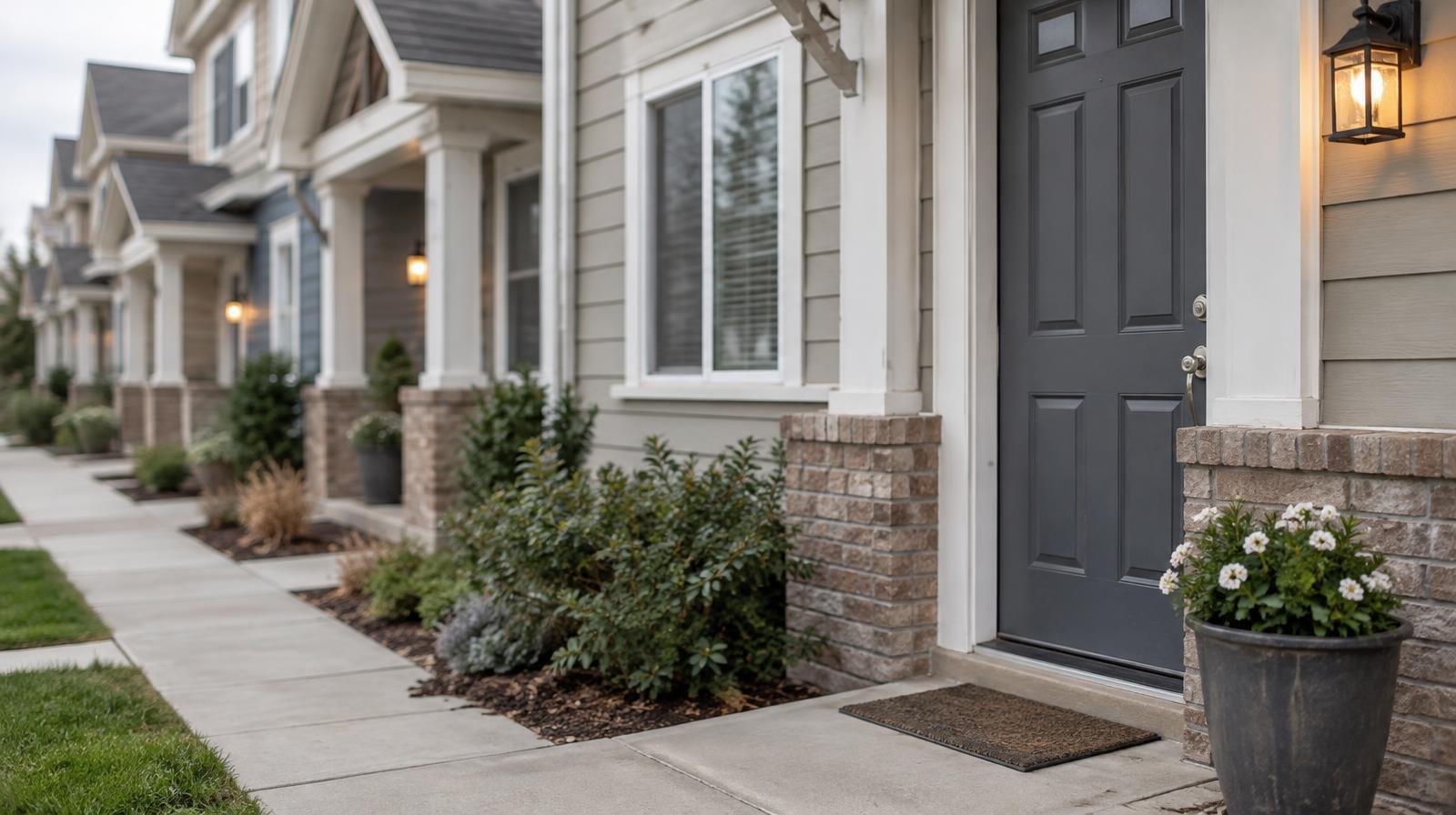 A row of modest residential front doors along a quiet suburban street.