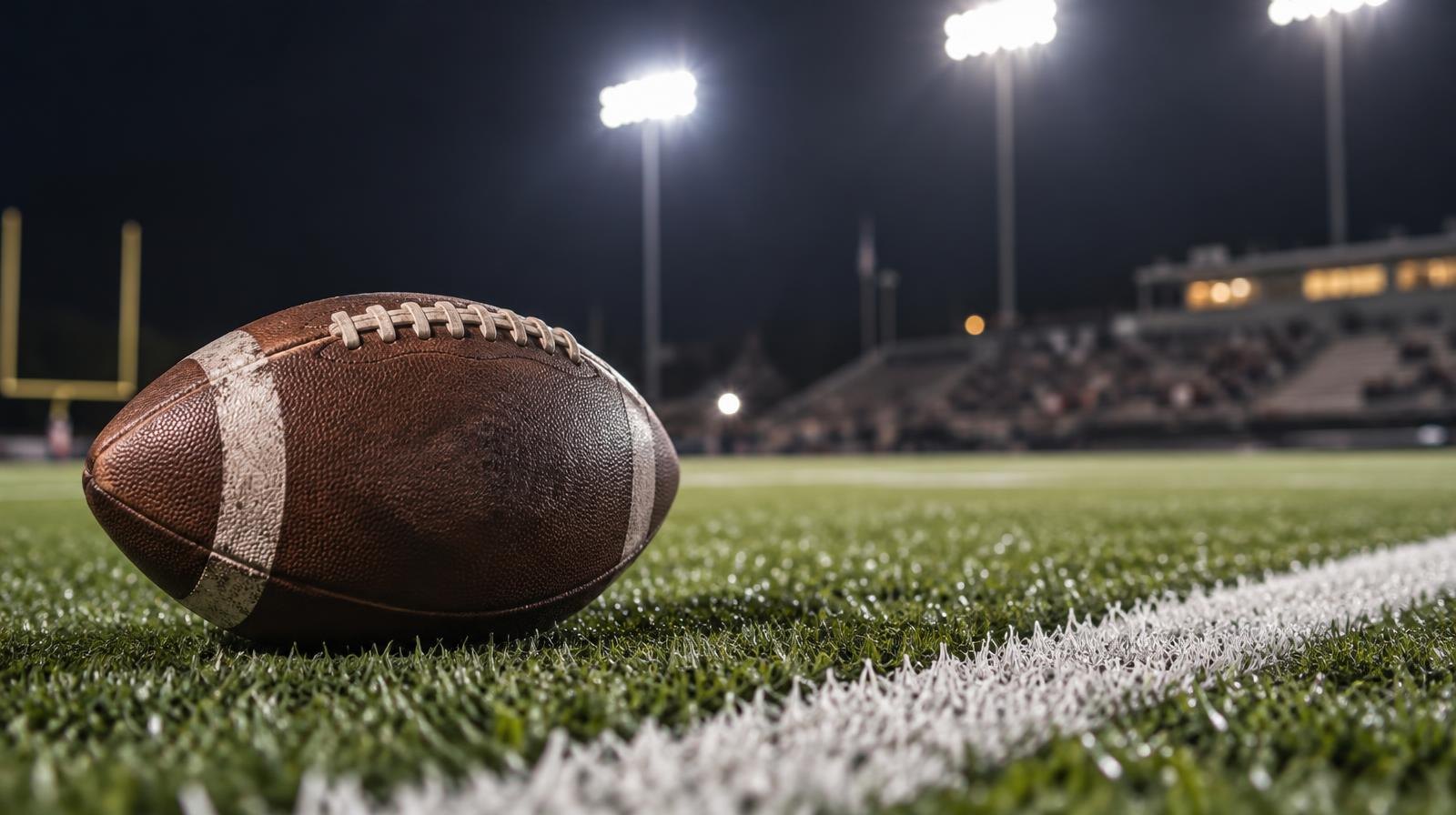 An American football on green artificial turf beside a white yard line under bright lights.