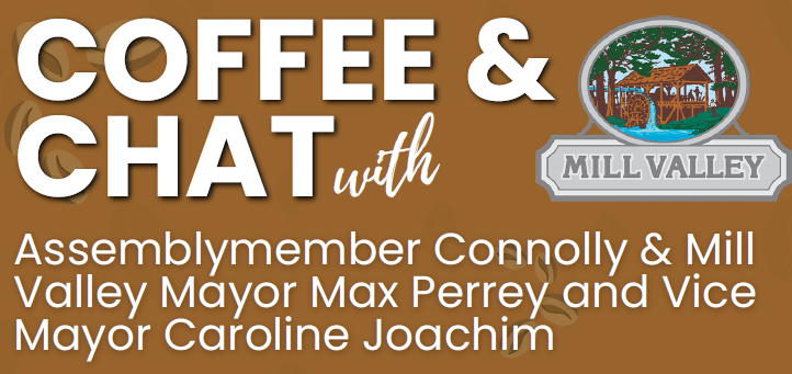 Event flyer on brown background announcing a coffee and chat with local officials.