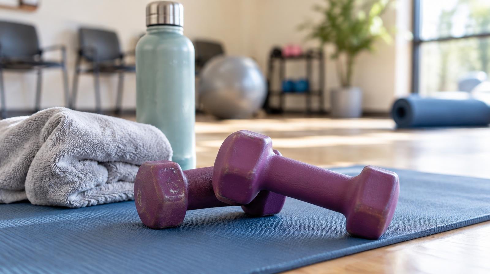Lightweight hand weights resting on a yoga mat beside a towel and water bottle.