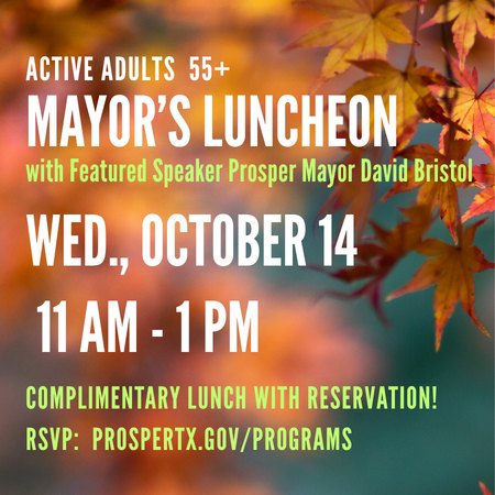 Event flyer with autumn leaf background announcing a senior luncheon with a mayor.