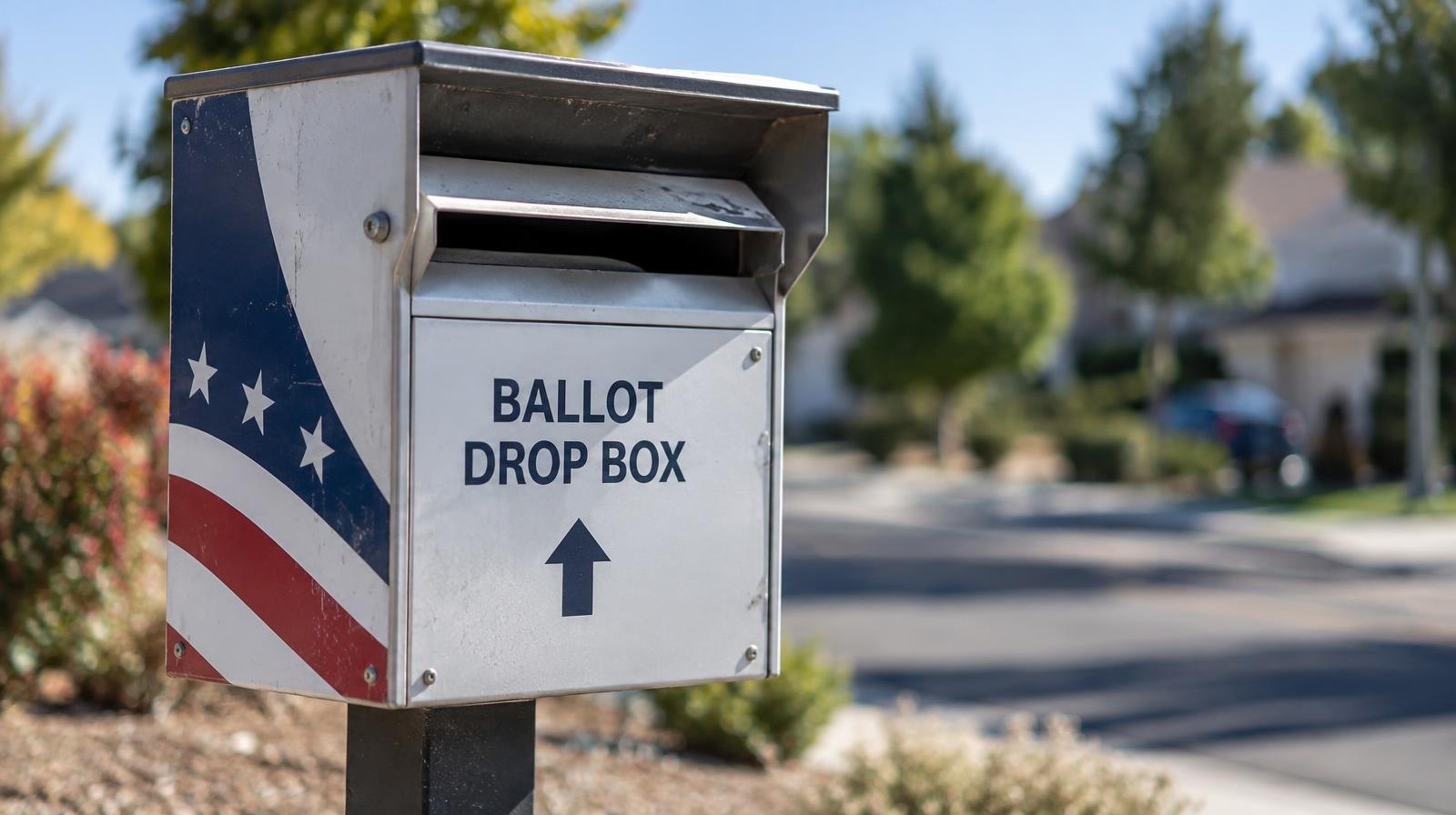 An outdoor ballot drop box mounted on a post with a mail slot.