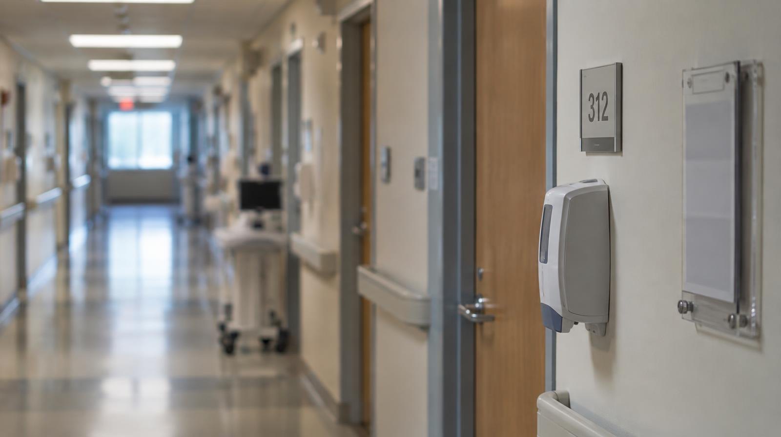 Empty hospital hallway with a row of closed doors under soft overhead lighting.