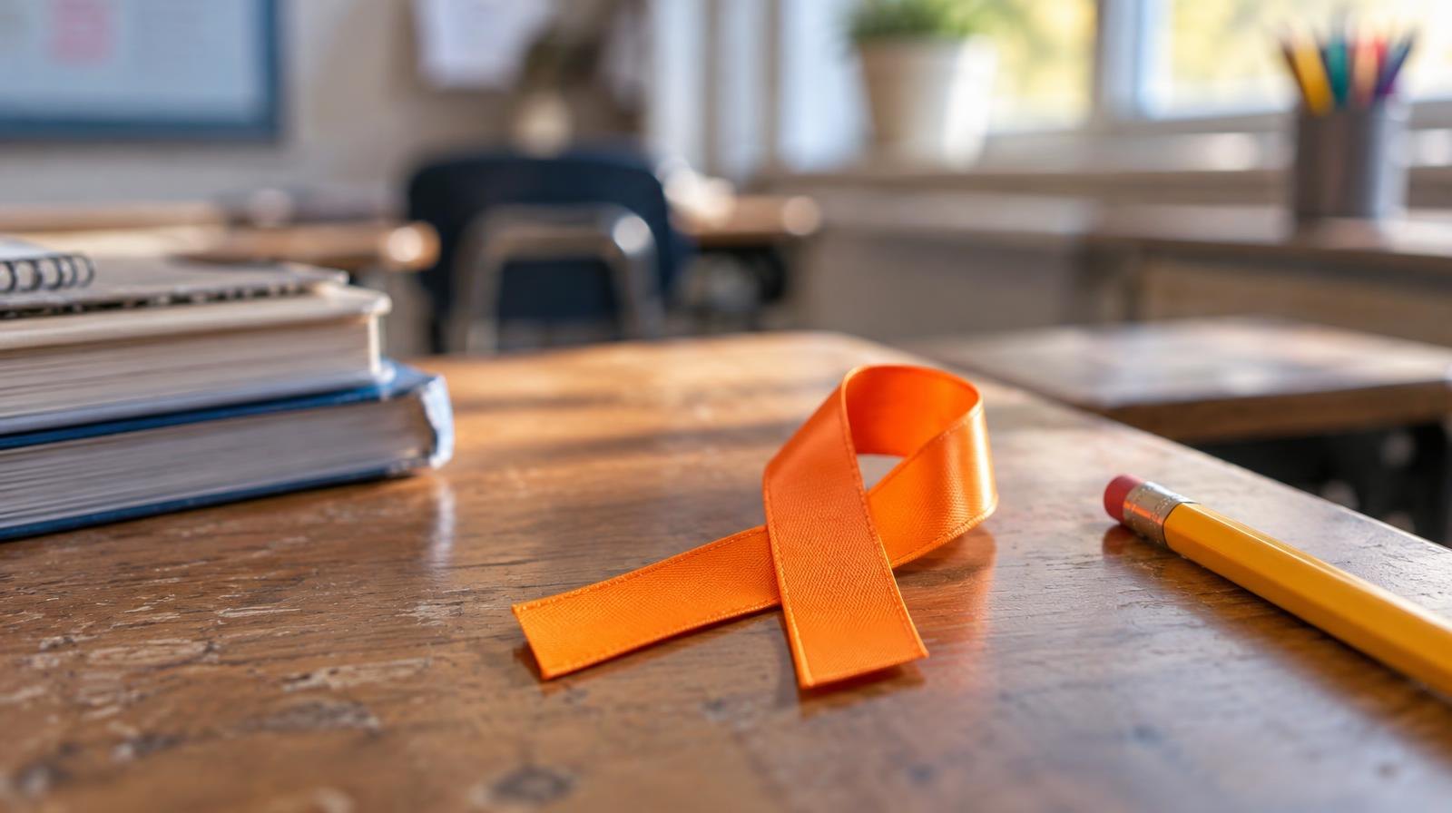 An orange ribbon resting on a wooden school desk beside a pencil.