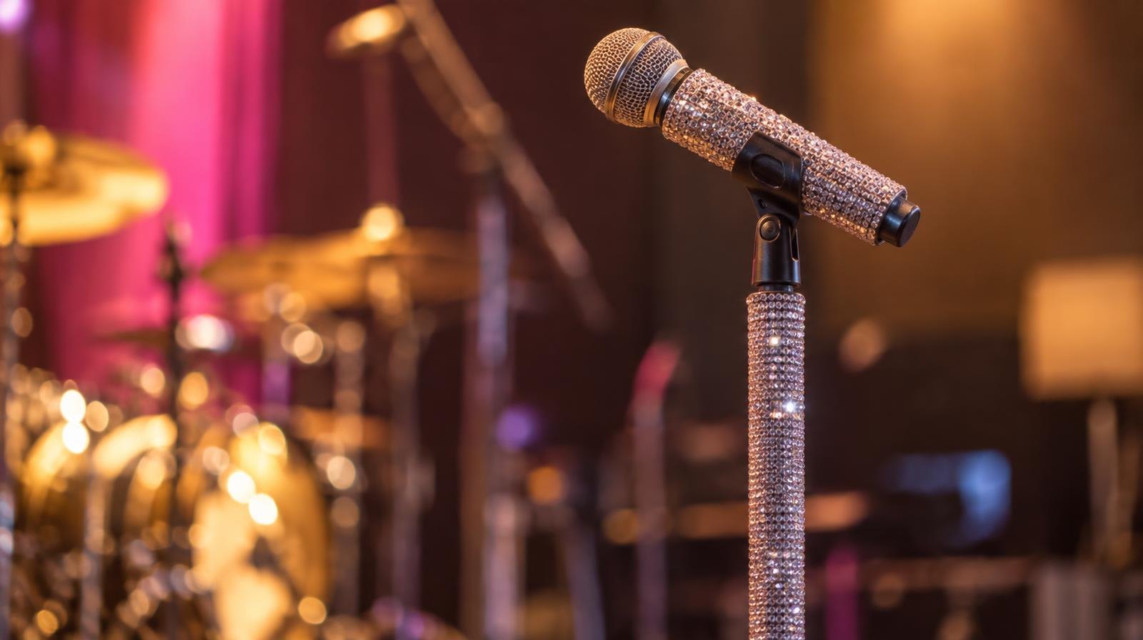 A sparkling microphone stand lit by warm golden and pink stage spotlights.