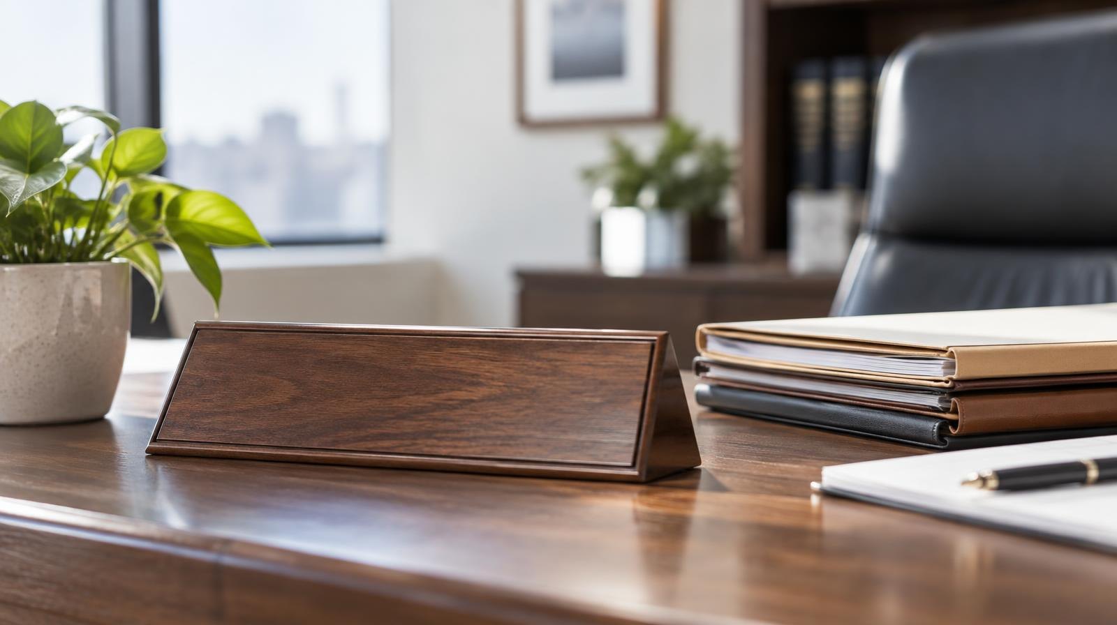 A wooden nameplate and stacked legal folders on a clean office desk beside a small potted plant.