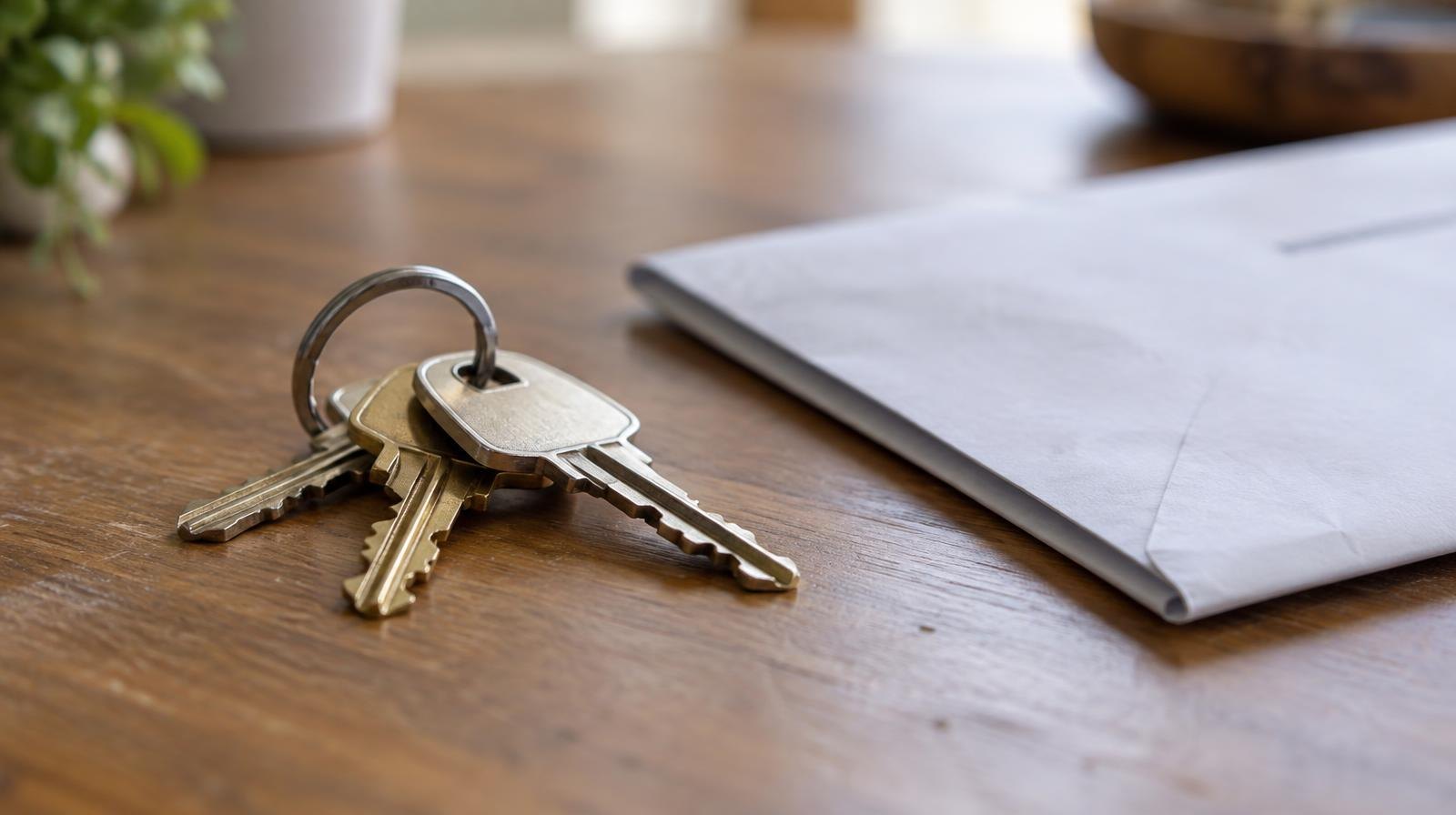 A set of house keys on a wooden table next to a folded paper envelope.
