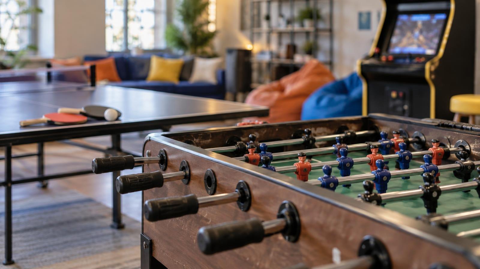 Bright indoor recreation room with arcade cabinet, foosball table, and colorful seating.