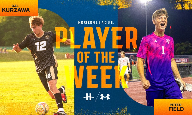 Horizon League Player of the Week graphic showing a soccer player in a black jersey numbered 12.