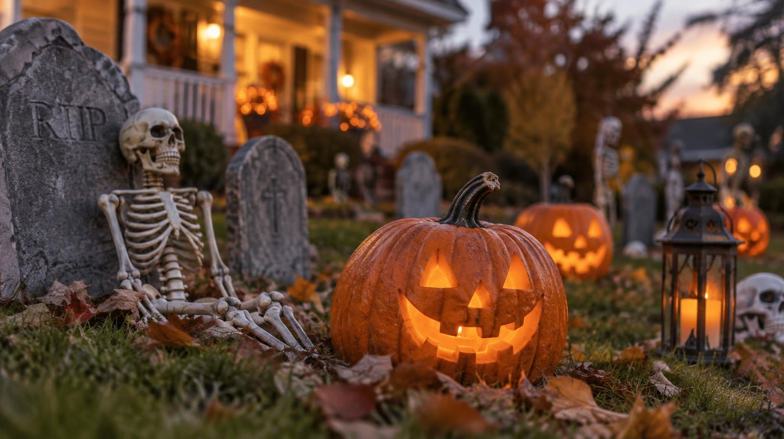 Halloween yard display with jack-o'-lanterns, tombstones, and skeletons on a front lawn at dusk.