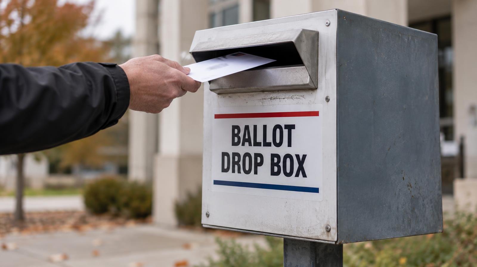 A metal ballot drop box mounted on a post outdoors on an overcast day.