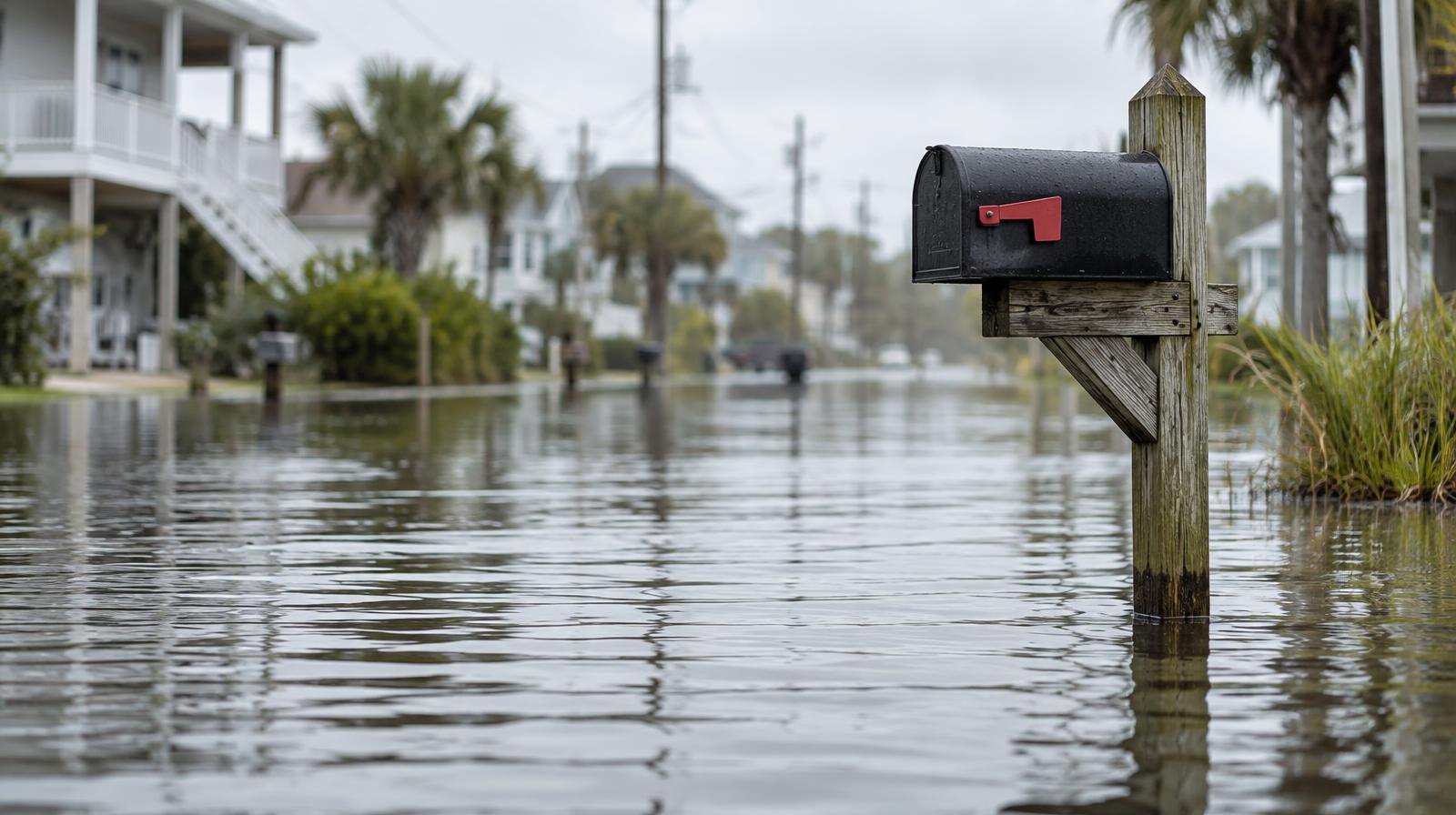 Calm floodwater covering a flat residential street up to the curbs.