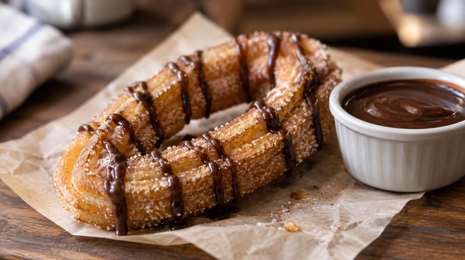 An oval-loop churro dusted with cinnamon sugar and drizzled with chocolate on parchment paper.