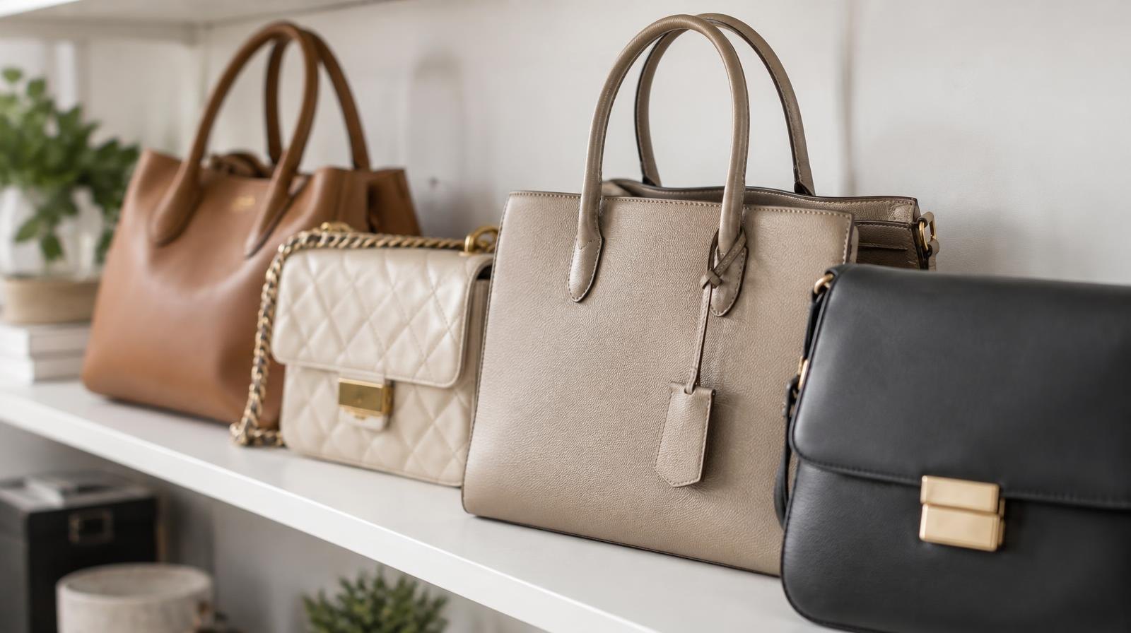 Multiple structured leather designer handbags displayed on a shelf.