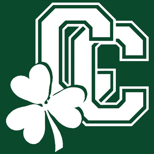 White block letter C with a shamrock on a dark green background.
