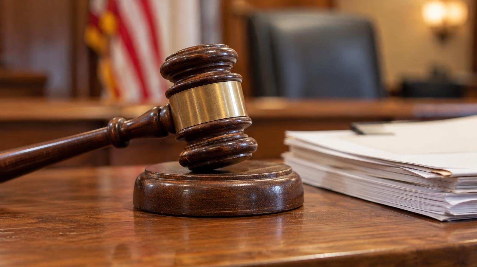 Wooden gavel resting on its sound block on a courtroom bench.