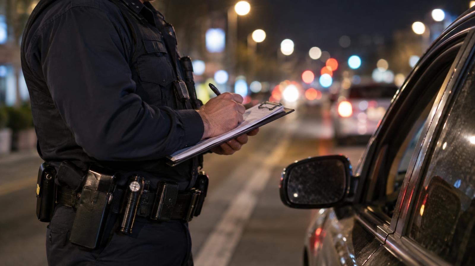 Police officer writing a citation next to a car on a lit street at night.