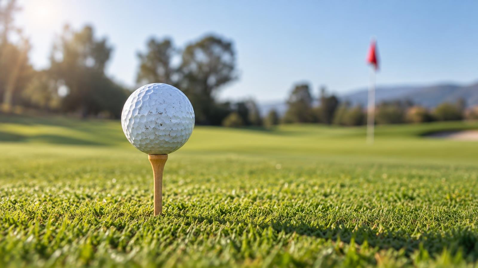 A golf ball on a wooden tee on a lush green fairway with a distant flag.